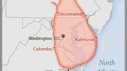 Sri Lankan map superimposed on US map centered on Washington, DC.